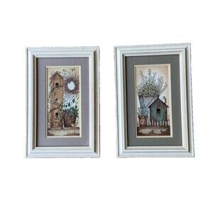 Kohl's Birdhouse Prints With Light Wood Frame & Mat 7.25' x 10.5" Lot Of 2